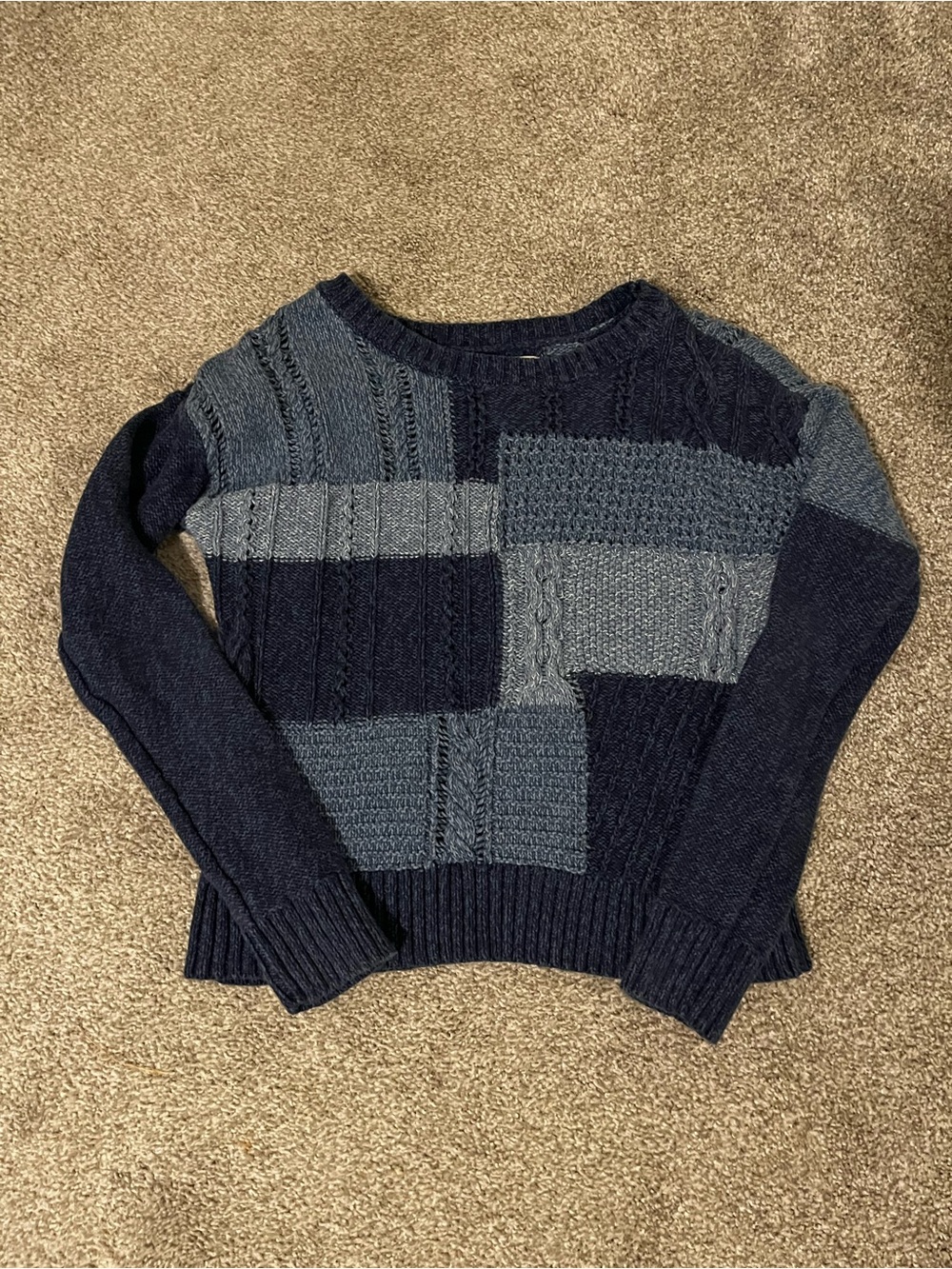 American Eagle Outfitters Navy Patchwork Cable-Detail Crewneck Sweater